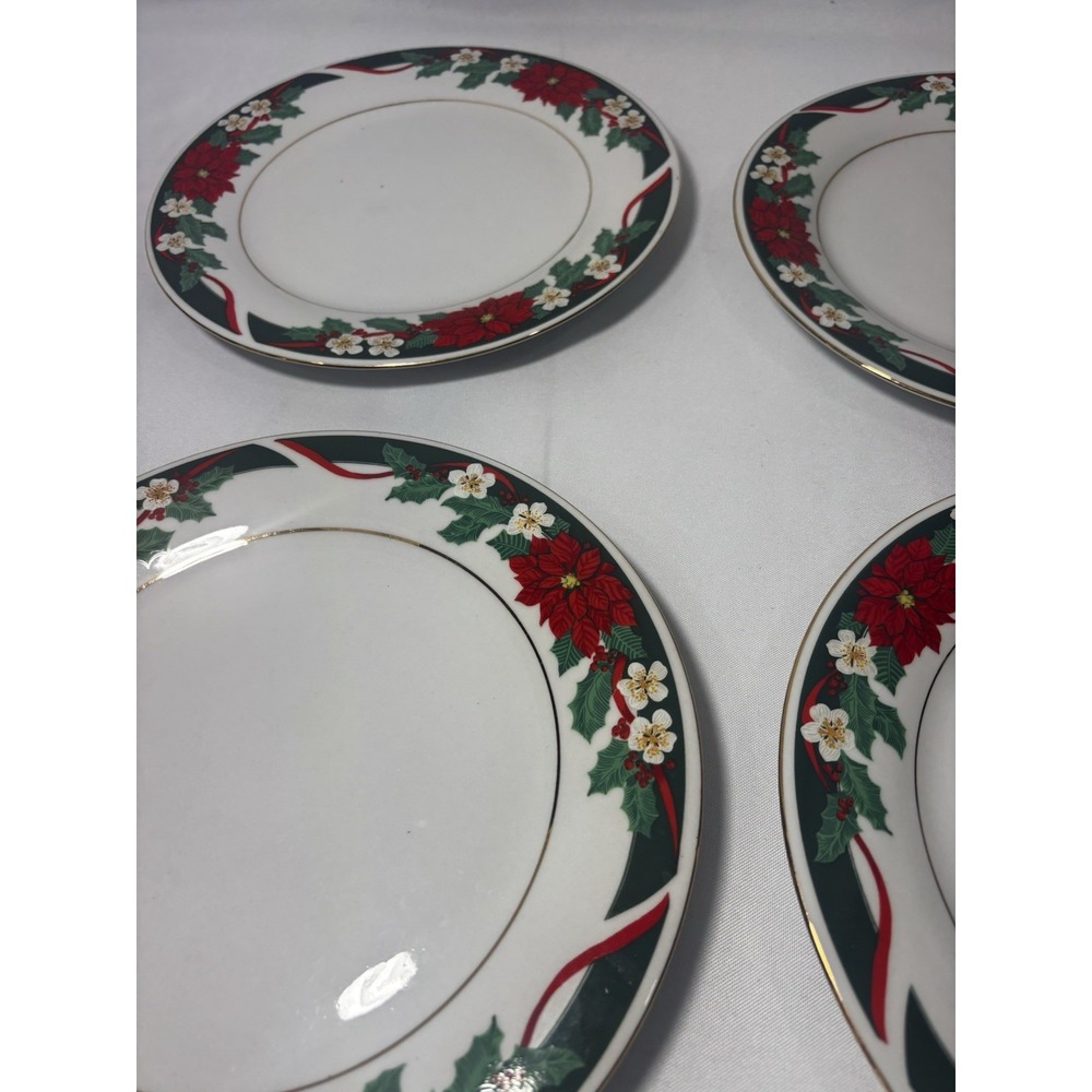 🎄Set of 4 Tienshan Fine China Deck the Halls Christmas Dinner Plates Poinsettia - Picture 4 of 5